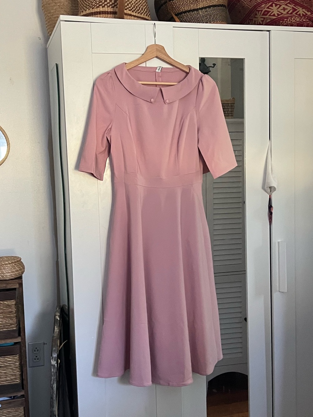 Vintage-Inspired Pink Fit & Flare Dress with Pockets and Peter Pan Collar